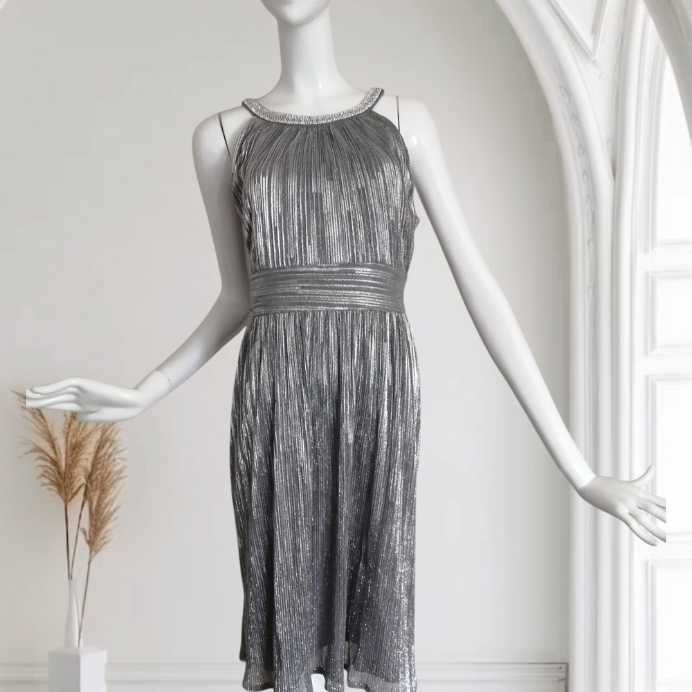 R&M Richards Shimmering Silver Pleated Midi Dress